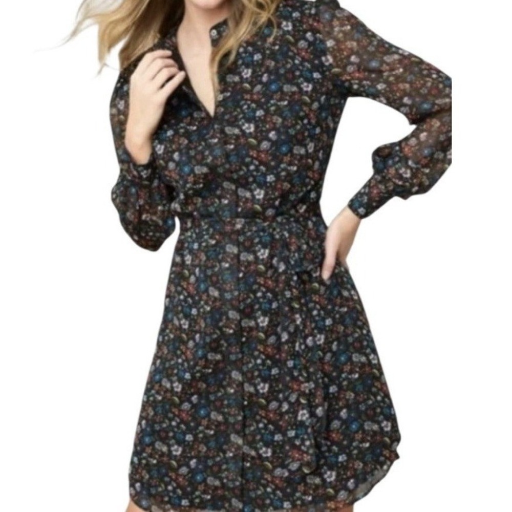 UNTUCKit Marnie Floral Shirt Dress Black Long Sleeve Band Collar Mini Size 2